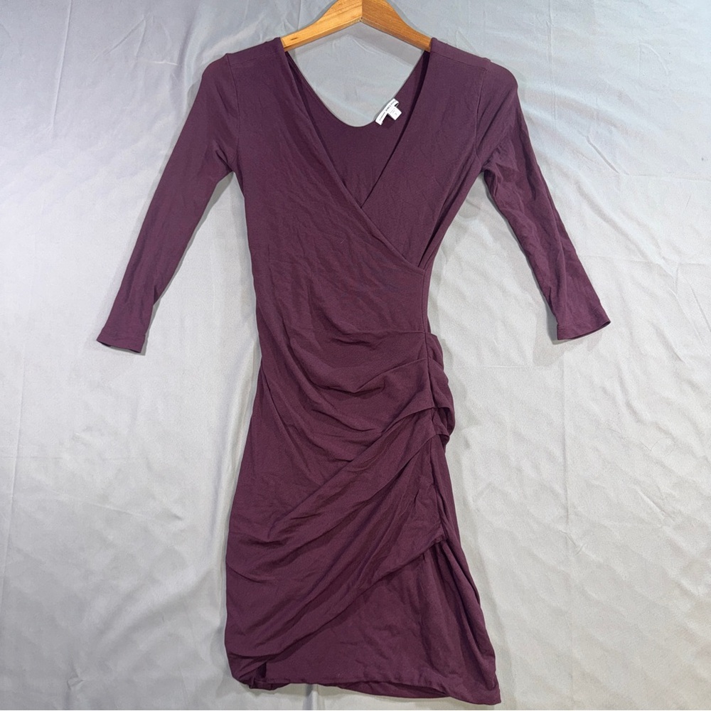 James Perse Dress Womens 2 Purple Ruched Wrap 3/4 Sleeve V Neck Bodycon Jersey